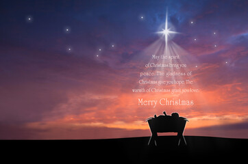 Christmas nativity scene of baby Jesus in the manger with scriptures in christmas tree shape