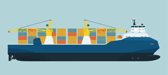 Modern cargo ship container with cranes isolated. Vector flat style illustration. © lyudinka