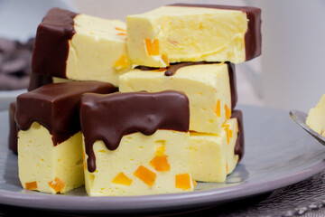 Banana bird milk with chunks of peach marmalade