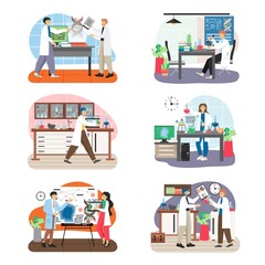 Science research laboratory scenes, flat vector illustration. Genetic, chemistry lab. Scientists conducting experiments.