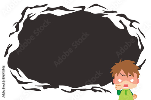 Fototapete 声と拳を震わせて深い怒りで半狂乱の小さな男の子と物々しい漫画風背景 邪念 吹き出し ぽこたぽこ