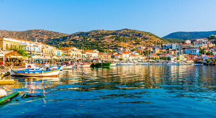 Fototapeta na wymiar Pythagoreio Harbour view. Pythagoreio is the most popular village in Samos Island.