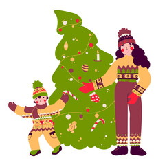 Naklejka premium Preparing for Christmas, decorating tree, family evening, flat vector illustration.