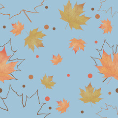 Seamless pattern with leaves in Autumn season on blue background