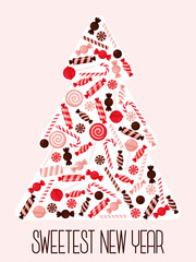 card with sweets in the silhouette of a Christmas tree. sweetest new year. Vector illustration