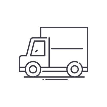 Moving truck icon, linear isolated illustration, thin line vector, web design sign, outline concept symbol with editable stroke on white background.