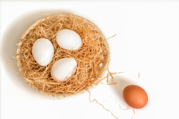 basket with white eggs and one brown outside of the basket, the concept of individuality and independence