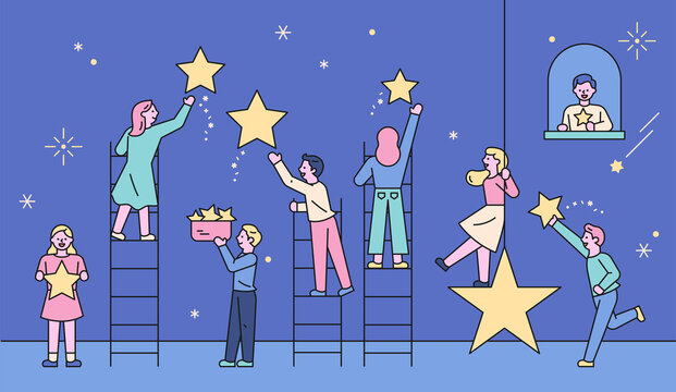 People who climb the ladder and pick the stars in the sky. flat design style minimal vector illustration.