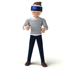 Fun 3D illustration of a cartoon man with a VR helmet