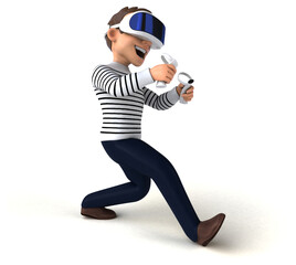 Fun 3D illustration of a cartoon man with a VR helmet