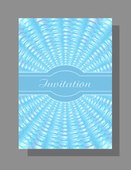 Blue colored invitation with openwork line art pattern. Flat design. Abstract vector background. Template A4 for gift card, coupon, certificate, Christmas party, New year postcard, music fest. EPS10