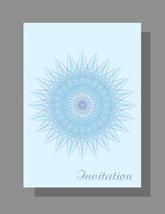 Invitation concept with openwork snowflake. Vector blue line art pattern, flat design. Winter abstract background. Template A4 for greeting card, coupon, Christmas party, New year postcard. EPS10