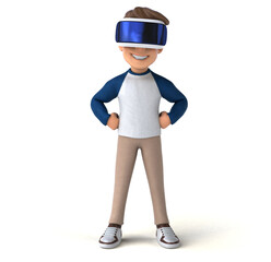 Fun 3D illustration of a cartoon kid with a VR helmet