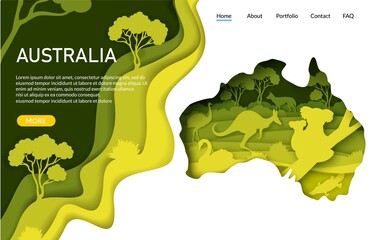 Australia vector website template, landing page design for website and mobile site development. Paper cut craft style Australia map kangaroo, koala bears inside. Travel to Australia. - obrazy, fototapety, plakaty