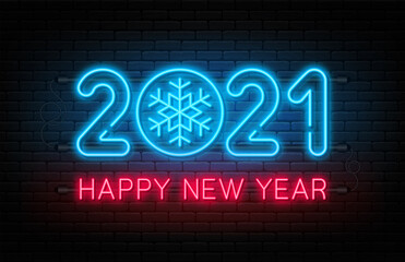 Happy New Year 2021. New Year and Christmas decoration, neon signboard with glowing text and snowflake. Neon light effect for background, banner, poster and greeting card
