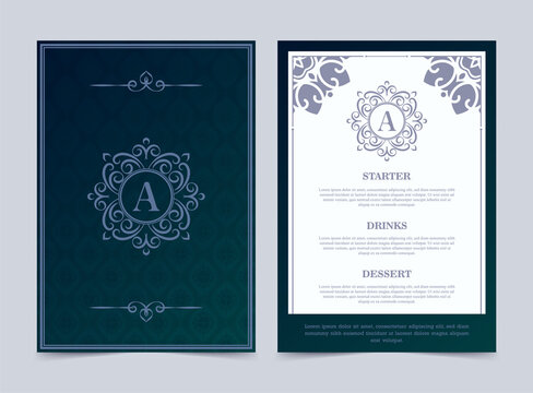 Luxury restaurant menu design template with ornate logo