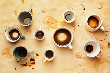 Cups and coffee stains on light background