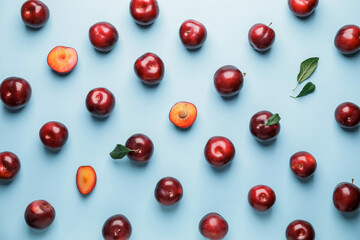 Naklejka na ściany i meble Fresh ripe plums on color background