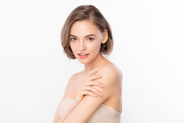 Obraz premium Beautiful young woman with clean fresh skin on white background, Face care, Facial treatment, Cosmetology, beauty and spa, women portrait