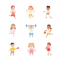 Kids Playing Various Sports Set, Boys and Girls Playing Basketball, Baseball, Skating, Jumping with Rope, Lifting Barbell, Active Healthy Lifestyle Cartoon Vector Illustration