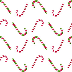 Seamless Christmas pattern with candy canes. Hand painted watercolor illustration on white background