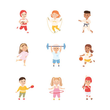 Kids Playing Various Sports Set, Boys And Girls Playing Basketball, Baseball, Skating, Jumping With Rope, Lifting Barbell, Active Healthy Lifestyle Cartoon Vector Illustration