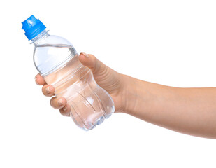 Female hand and bottle of water on white background