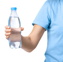 Woman holding bottle of water on white background, closeup