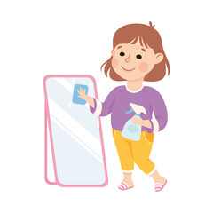 Cute Girl Cleaning Mirror Using Cleaner Sprayer, Kid Helping her Parents with Housework or Doing Household Chores Cartoon Style Vector Illustration