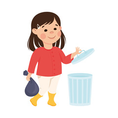 Cute Girl Throwing Garbage into Trash Can, Kid Helping her Parents with Housework or Doing Household Chores Cartoon Style Vector Illustration