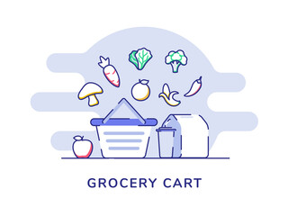 Grocery cart concept assortment vegetable fruit mushroom carrot cabbage food packaging drink cart front store with flat outline style