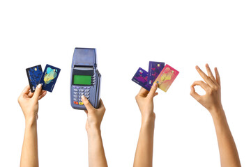 Female hands with credit card and payment terminal on white background