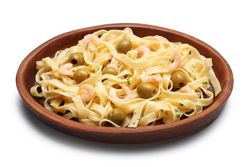 Plate of tasty pasta with shrimps on white background