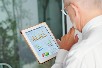Company CEO analyzing document with financial data on tablet computer