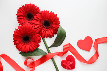 Happy Valentine's Day greeting card. beautiful bouquet of flowers and heart shaped gift box