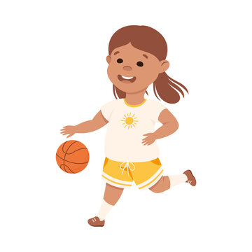 Cute Girl Playing Basketbal, Kid Doing Sports, Active Healthy Lifestyle Concept Cartoon Style Vector Illustration