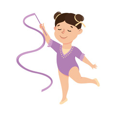 Obraz premium Cute Girl Gymnast Doing Exercise with Ribbon, Kid Doing Sports, Active Healthy Lifestyle Concept Cartoon Style Vector Illustration