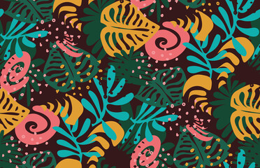 Vector pattern with colored tropical leaves