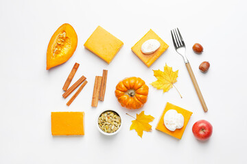 Pieces of tasty pumpkin pie on white background