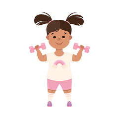 Cute Girl Exercising with Dumbbells, Kid Doing Sports, Active Healthy Lifestyle Concept Cartoon Style Vector Illustration