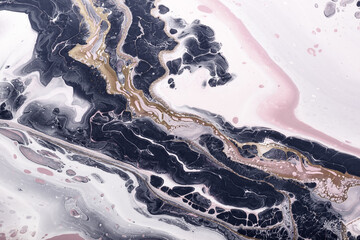 Pink, gold and black waves on a white background. Fluid Art. Marble effect background or texture