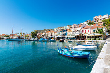Fototapeta na wymiar Pythagoreio Harbour view. Pythagoreio is the most popular village in Samos Island.
