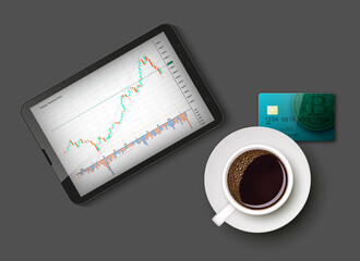 Tablet PC Business chart card, uptrend line graph, bar chart stock bull market arrow phone, coffee. Evaluation investment risks tablet banner. Financial markets background tablet trading phone, coffee