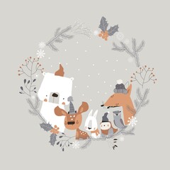 Cute cartoon animals meeting holiday in winter wreath