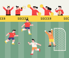 A scene from a soccer game. Soccer players are playing and fans are cheering. flat design style minimal vector illustration.