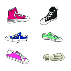 Handdrawn sports shoes vector illustration. Isolated models of sneakers.