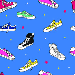 Sports shoes vector seamless. Pattern with models of sneakers. Keds background.