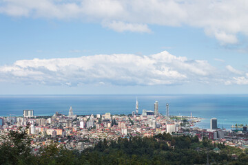 Autumn landscape. Top view of the Black Sea, the seaport of Batumi, the capital of Adjara. Place for text, design postcard, calendar or poster. Georgia, Eurasia.