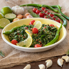 Raw ingredients cooking salad tabouli Healthy food