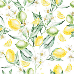 Colorful watercolor pattern with lemon fruits and flowers. 